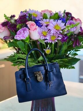 Michael Kors Hamilton Navy Blue Saffiano Leather Top-Handle Satchel